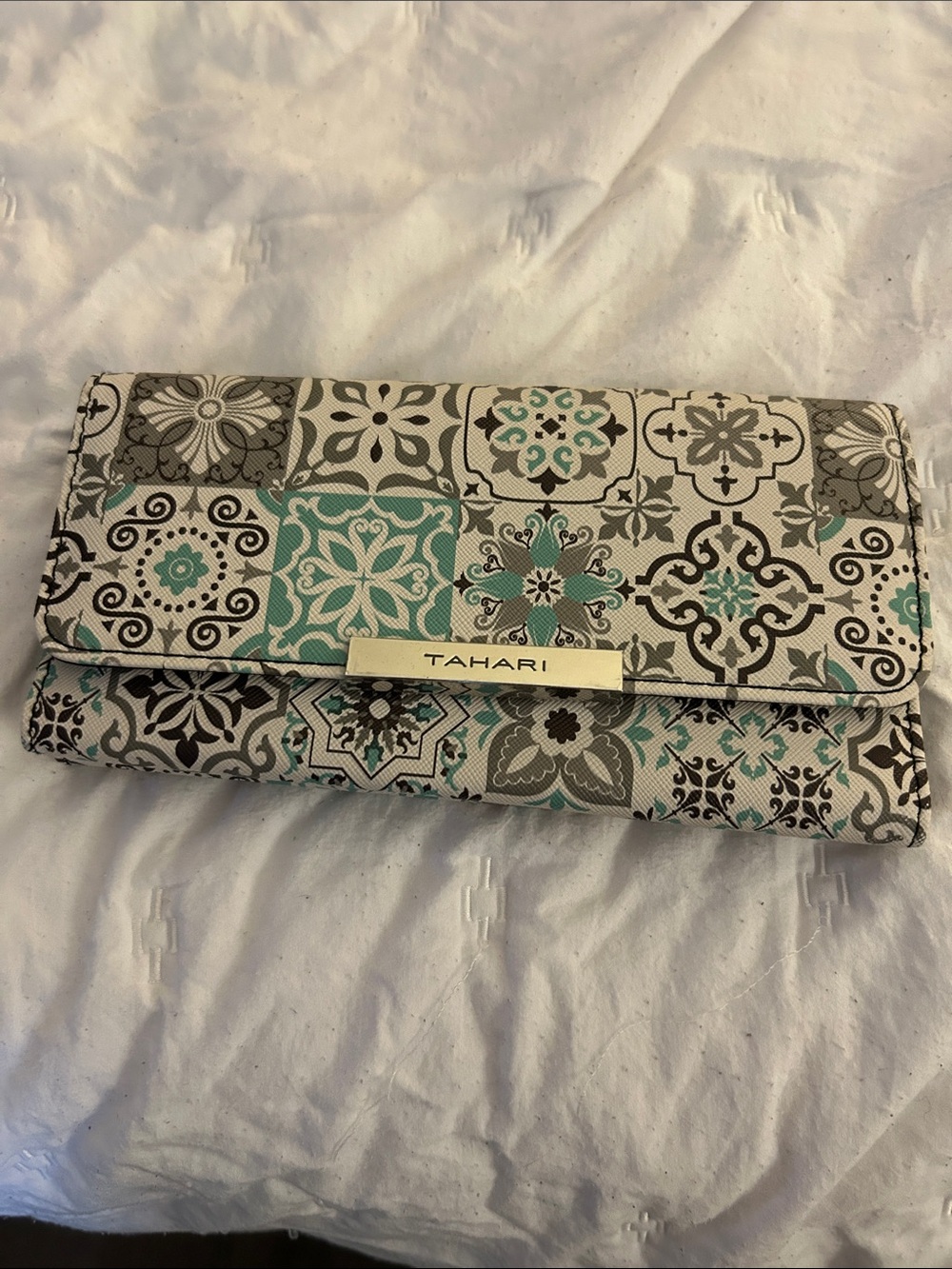 Tahari Teal and Gray Patterned Foldover Clutch with Logo Plate